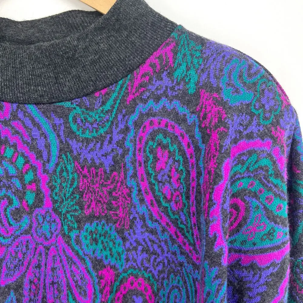Vintage 80s Season Ticket Mock Neck Paisley Knit Sweater Shoulder Pads Size L